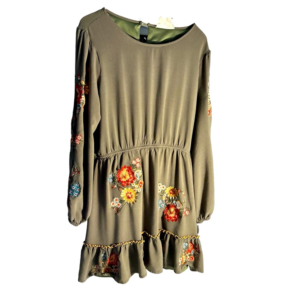 Savanna Jane Fit and Flare Olive Long Sleeve Short Dress Sz Lrg